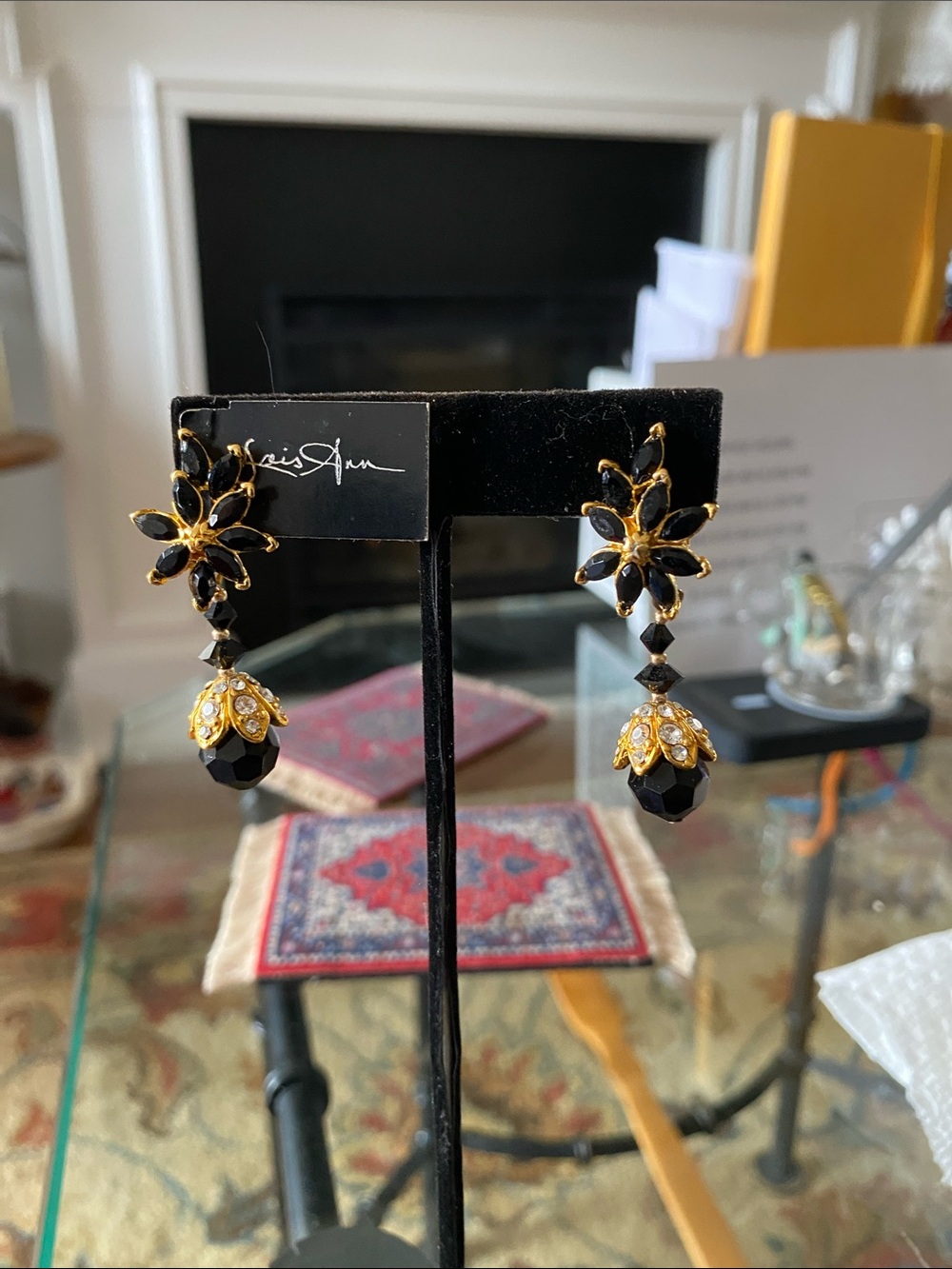 Trifari Black and Gold Floral Drop Earrings